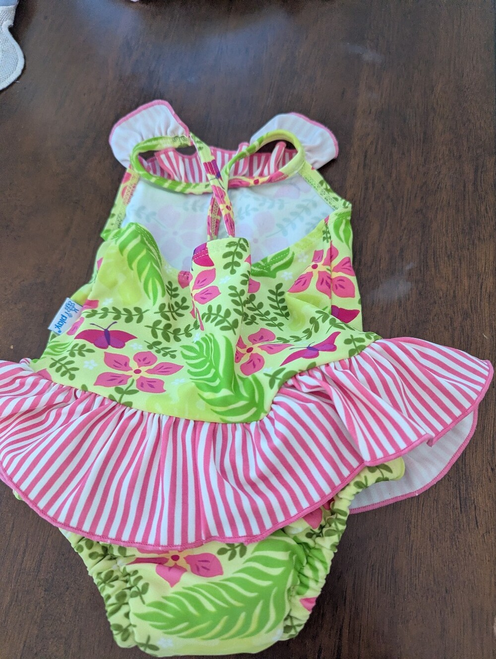 Tropical Pink & Lime Ruffle One-Piece Swimsuit With Built In Swim Diaper.